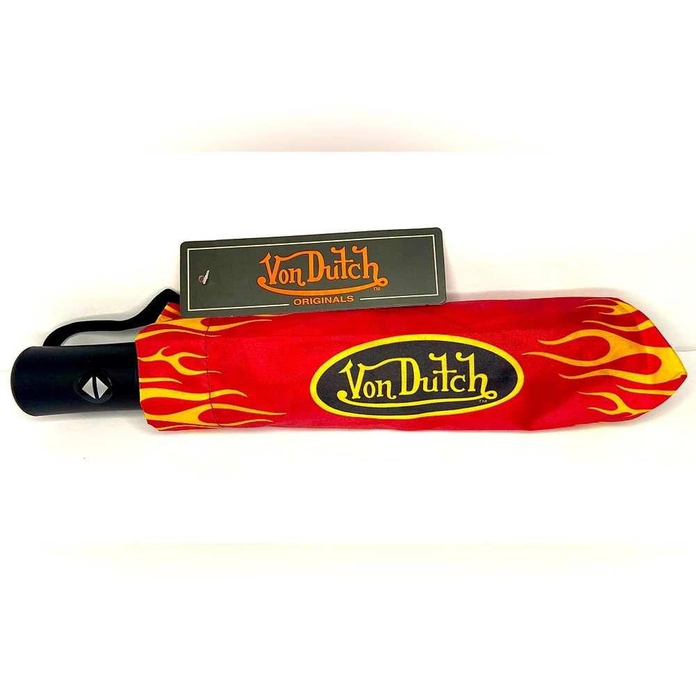 Von Dutch Red and Yellow Flame Folding Umbrella with Logo